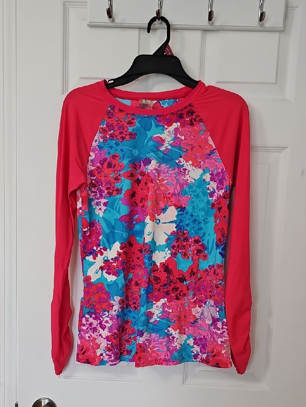 Reebok Pink and Teal Floral Raglan Long Sleeve Top